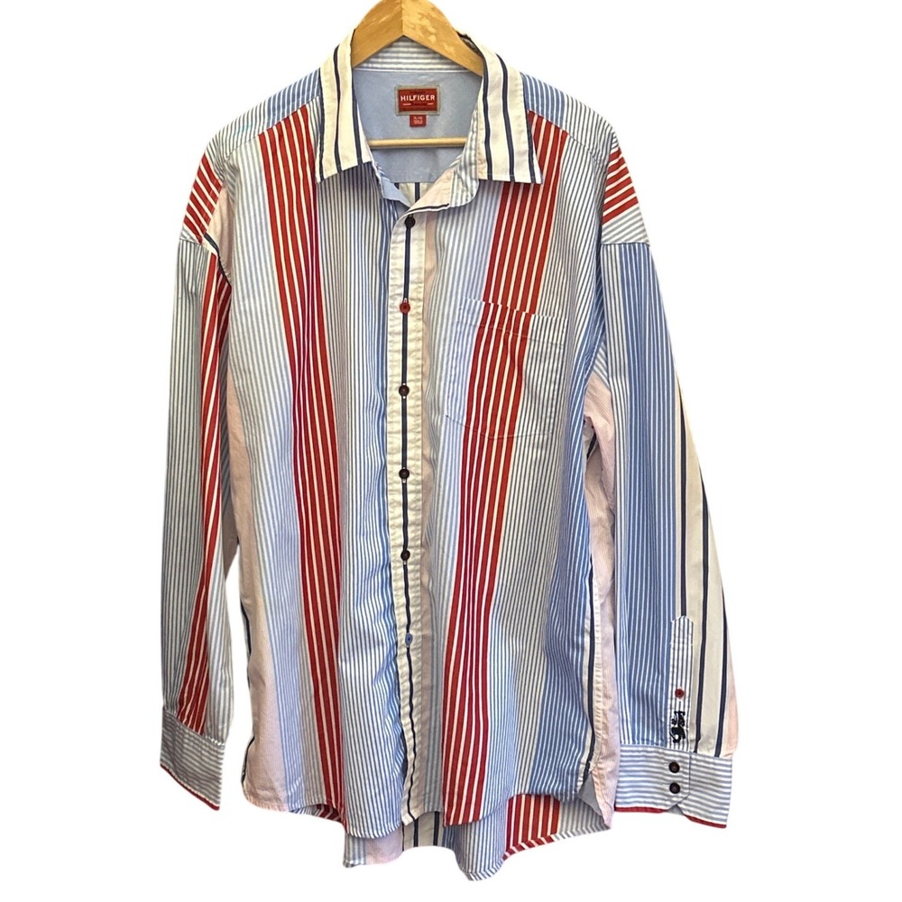 Vintage 2004 Tommy Hilfiger Denim Striped Shirt Preppy Americana 336271 11/04 XL